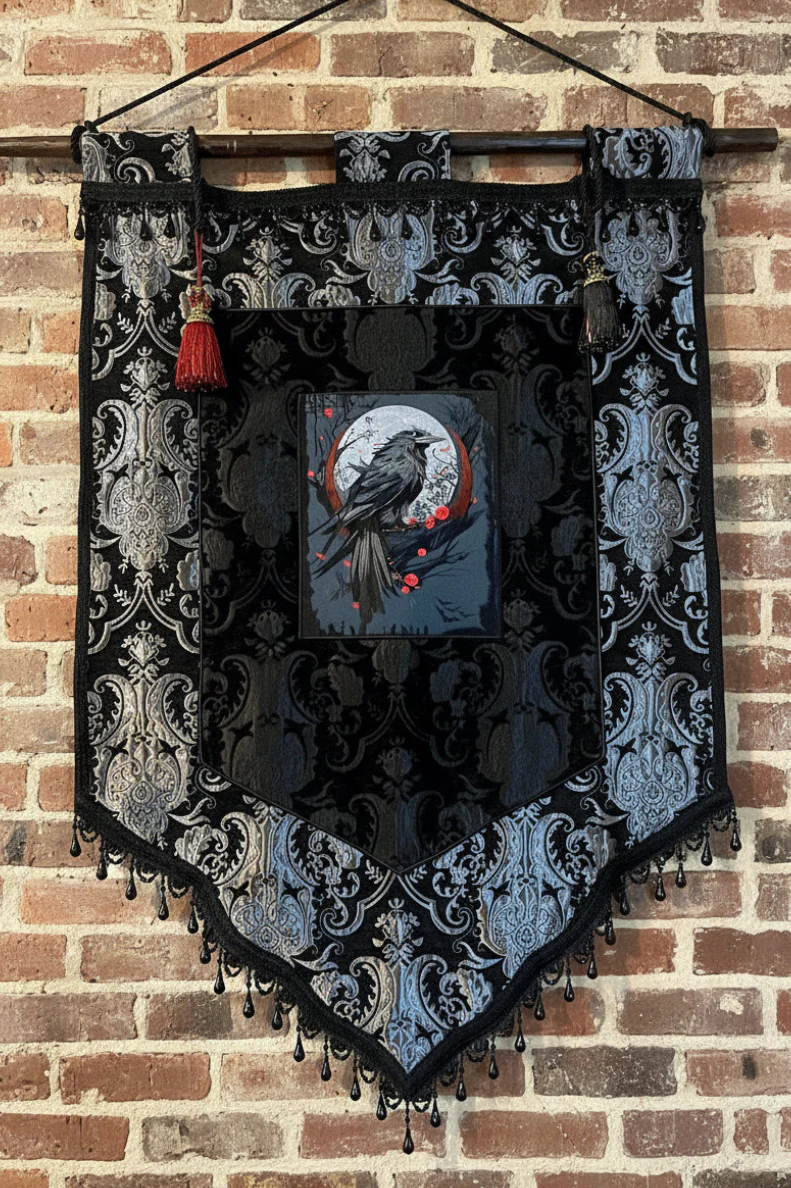 LARGE MEDIEVAL TAPESTRY WALL HANGING - THE RAVEN - SILVER/BLACK - Image 5