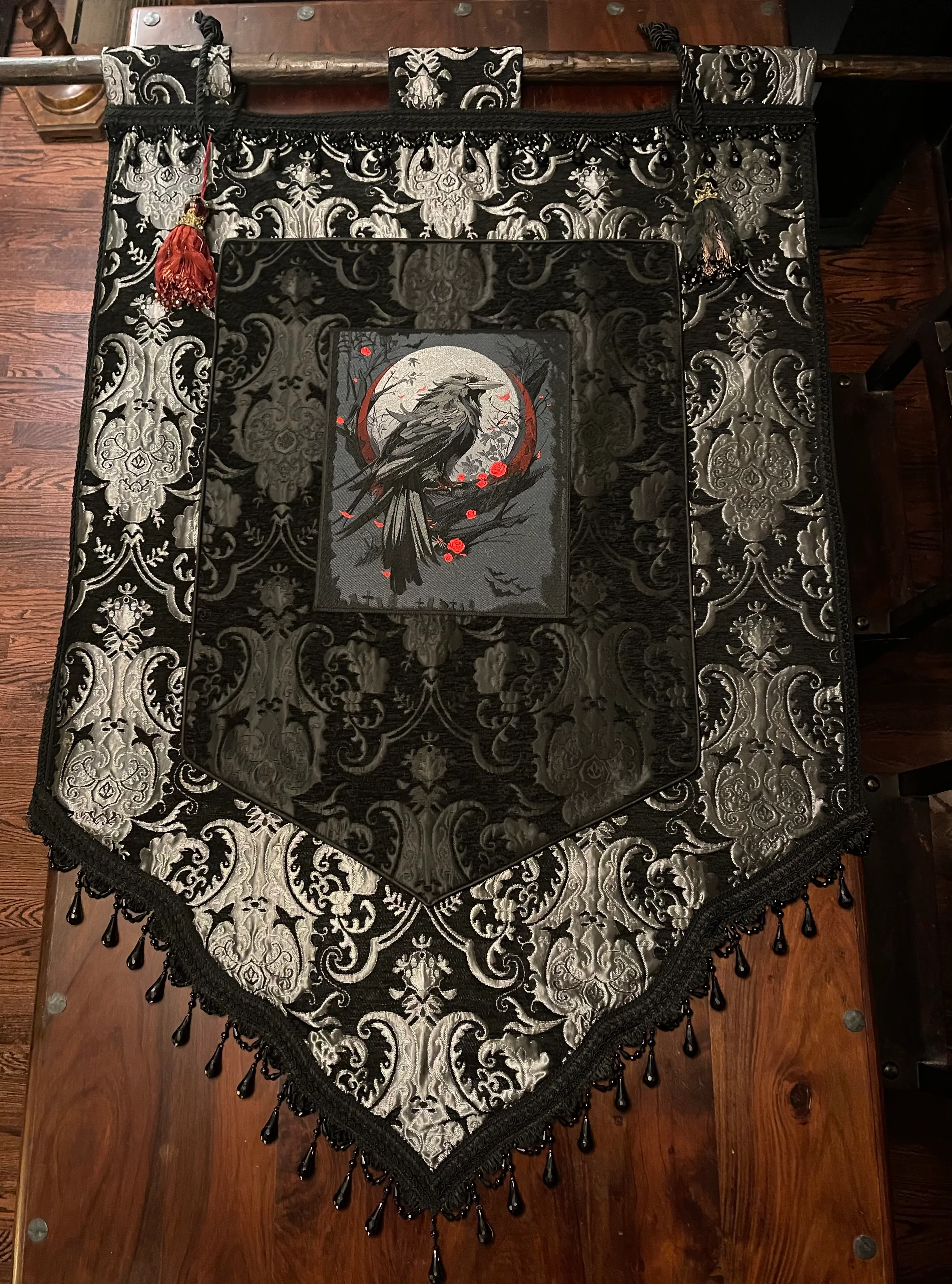 LARGE MEDIEVAL TAPESTRY WALL HANGING - THE RAVEN - SILVER/BLACK - Image 8
