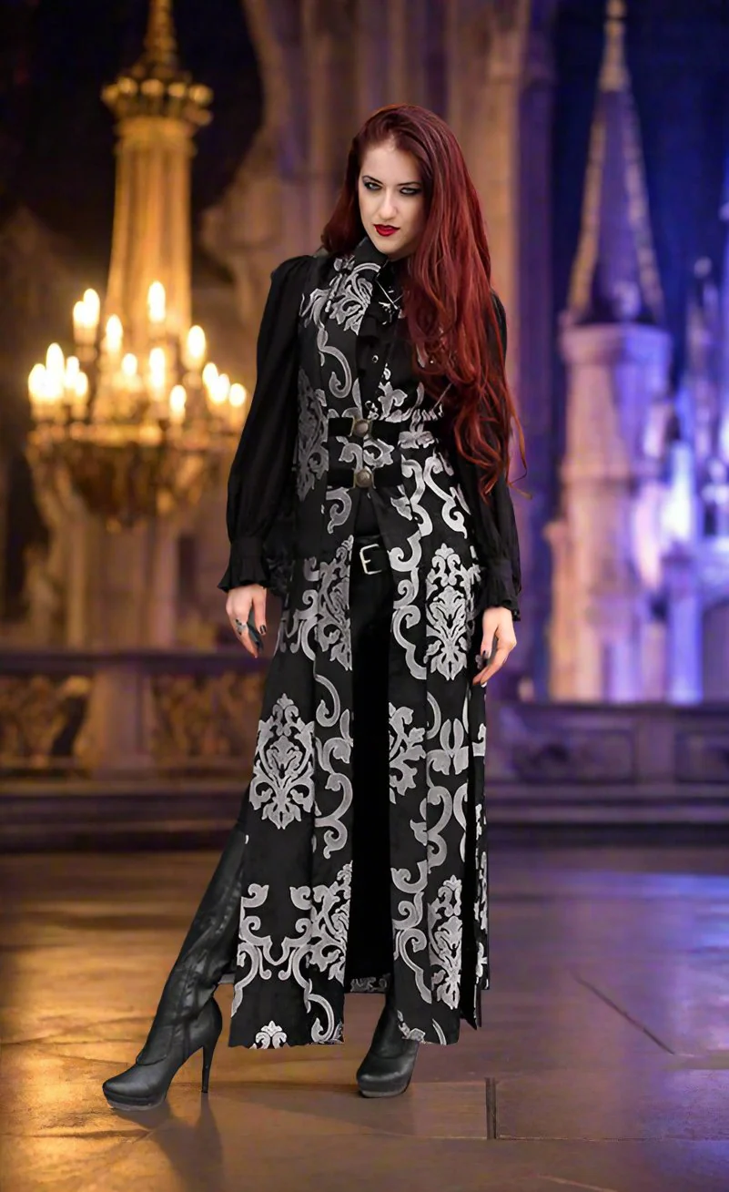 NECROMANTIC COAT/VEST - SILVER ON BLACK VELVET BROCADE - Image 2